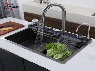 Кухонная Мойка Yuda 7545 Nano Black,Многофункциональная,С Двойной Чашей,Водопадом,Из Нержавеющей Стали,Ручная Работа