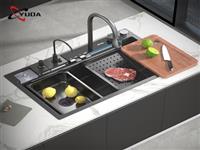 304 Светодиодный Цифровой Дисплей Черная Современная Кухонная Раковина Водопад Кран Бионическая Сотовая Керамическая Кухонная Раковина С Держателем Для Ножей